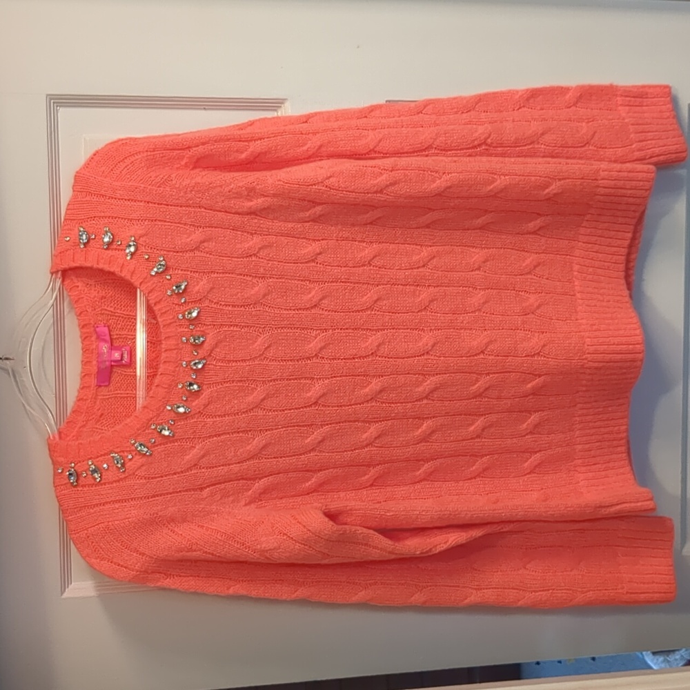 Lilly Pulitzer Dario Rhinestone Embellished Coral Scoop Neck Cable Knit Sweater